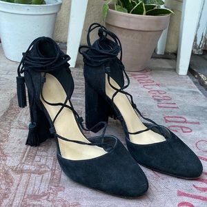 Marc Fisher lace up black suede heels with tassel